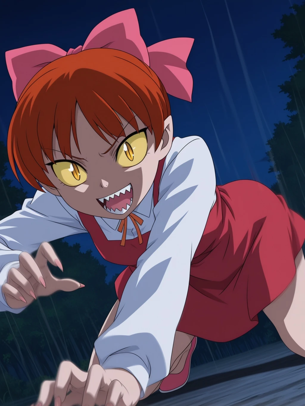 masterpiece, best quality, amazing quality, detailed background, perfect eyes, anime coloring, anime screenshot, 2000s \(style\), 1girl, solo, nekomusume (gegege no kitaro 5), red hair, short hair, choppy bangs, pink hair bow, (yellow eyes, yellow sclera, slit pupils:1.4), small breasts, white shirt, long sleeves, orange lace ribbon, red dress, pink footwear, all fours, glowing eyes, sharp nails, annoyed, open mouth, grin, (sharp teeth:1.2), dutch angle, cowboy shot, (incoming attack, motion blur:1.3), (outdoors, night, dark, soft light),