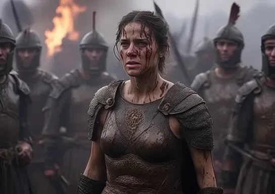 ancient rome, a woman dressed as a roman general with a fierce expression, she is addressing a legion of soldiers, she has mud on her face and there is smoke rising from the ground, they are standing on a battlefield