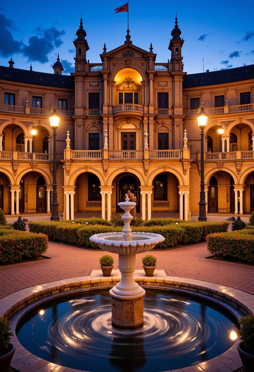 realistic, best quality,, <lora:Plaza_de_España_Spain_Square_-_Seville_Flux:1> plazaespaña, Plaza de España, Spain Square a historic square in Seville, Sevilla sunny day. The scene features a picturesque, with ornate architectural details including arched windows, midnight, lights, night, aerial view,