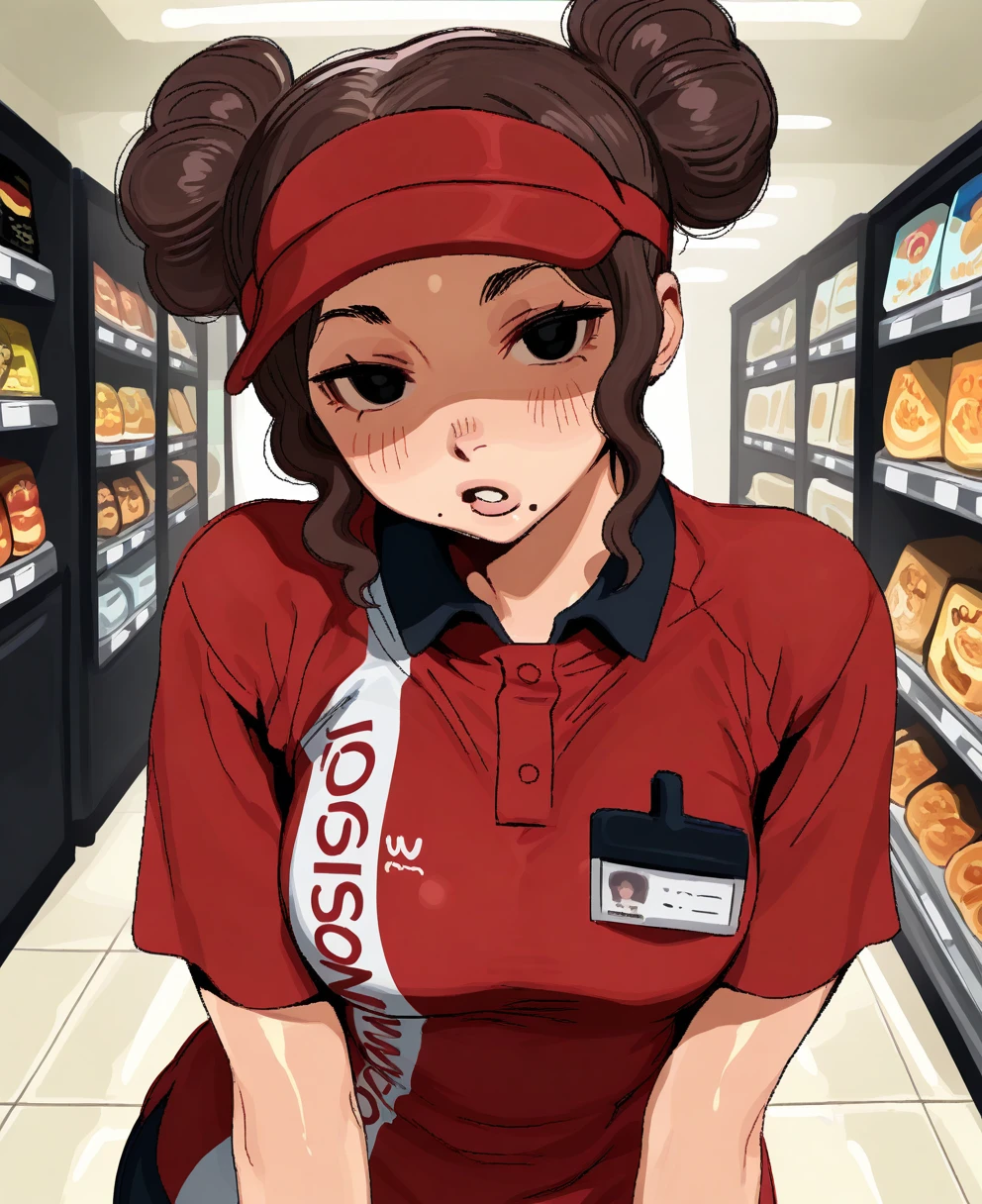 <lora:whoopsatro-koto-illustrious 3:1> whoopsatro,,
(masterpiece), (best quality), (ultra-detailed), amazing quality, very aesthetic, illustration, perfect composition, intricate details, absurdres, incredibly absurdres, shiny skin, realistic,
<lora:boss:1>, boss_(gats), hair bun, double bun, mole under mouth, visor cap,brown hair, employee uniform, black eyes, red_shirt, looking at viewer,
