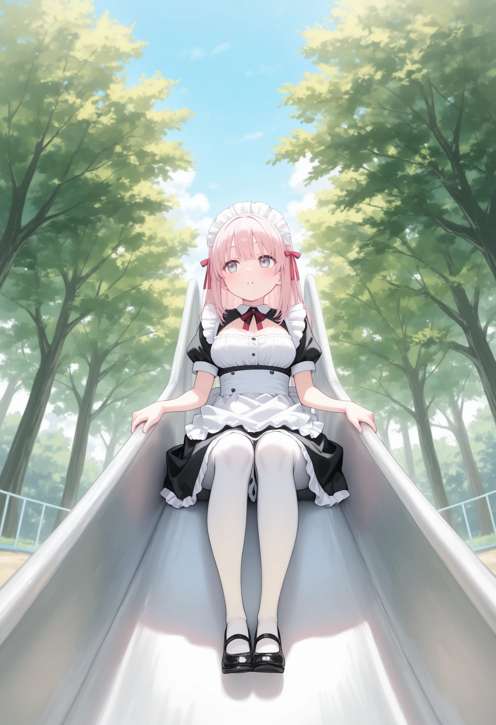 1girl,(sho \(sho lwlw\):0.7),(toosaka asagi:0.5),(sincos:0.3),solo,
masterpiece, best quality, newest, absurdres, CG, anime, source anime, illustration,
maid, maid headdress,medium breasts,
slide,outdoors, day, playground, <lora:slide_Illust_v1:0.8>
ceiling, wide shot, looking away, pink hair, silver eyes,light smile, parted lips, lightly curled inwards hair,
