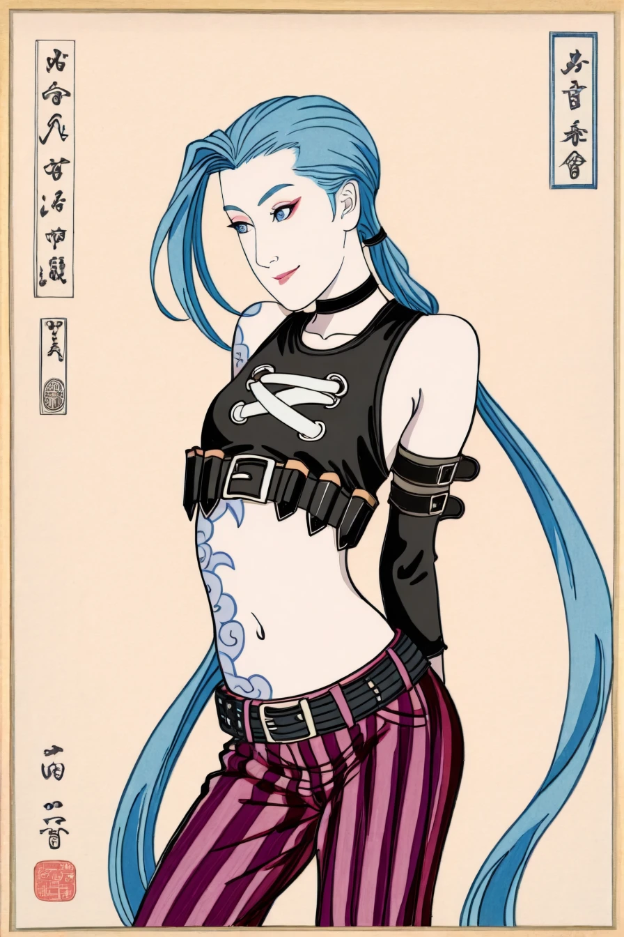 jinx, blue hair, pale skin, choker, smile, blue eyes, long blue twin pigtails, tattoo,crop top, sleeve, armbands, purple striped pants, gloves, belt, 1girl, solo, alone, <lora:japanese_art_ukiyoe_illustriousXL:1>, japanese_art_ukiyoe, ukiyo-e, masterpiece, highres