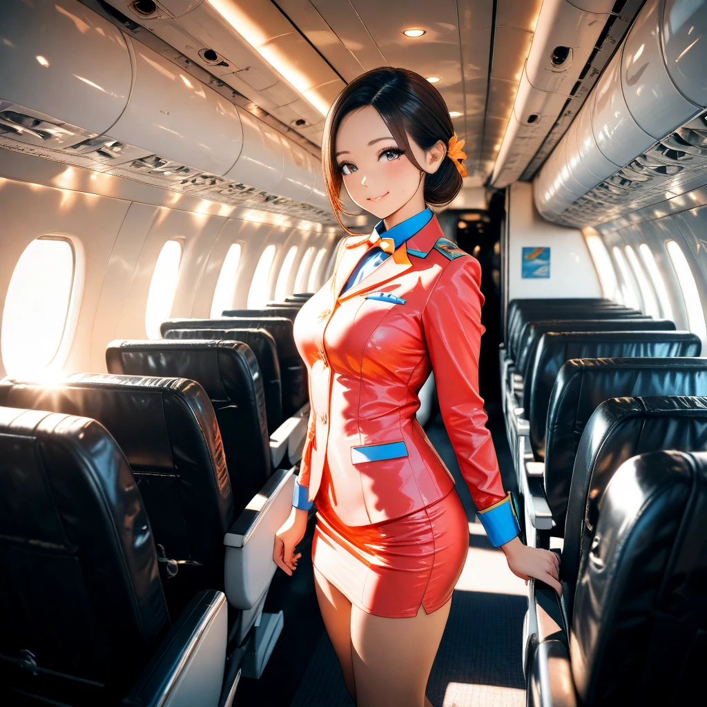 1girl,flight attendant,microskirt and boots uniform,orange and pink dress,smile,airplane interior,dynamic angle,depth of field,newest,super fine illustration,highly detailed beautiful face and eyes,perfect anatomy,professional lighting,(volumetric lighting),photorealistic,photo background,cinematic lighting,natural lighting,warm colors,golden hour,soft focus,octane render,HDR,8k,masterpiece,high score,great score,very aesthetic,absurdres,upper_body,