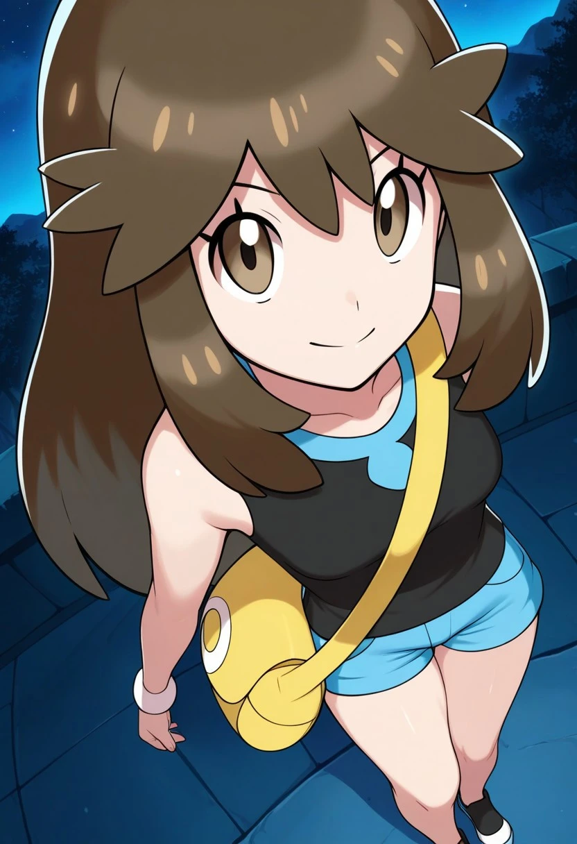 2d, masterpiece, best quality, amazing quality, 1girl, solo, close-up, standing, smile, upper body, from above, dutch angle, looking at viewer, night, moonlight, sky, lgpegreen, green \(pokemon\), brown eyes, eyelashes, long hair, bangs, brown hair, sidelocks, black shirt, sleeveless shirt, blue shorts, short shorts, shoes, black footwear, bare legs, shoulder bag, yellow bag