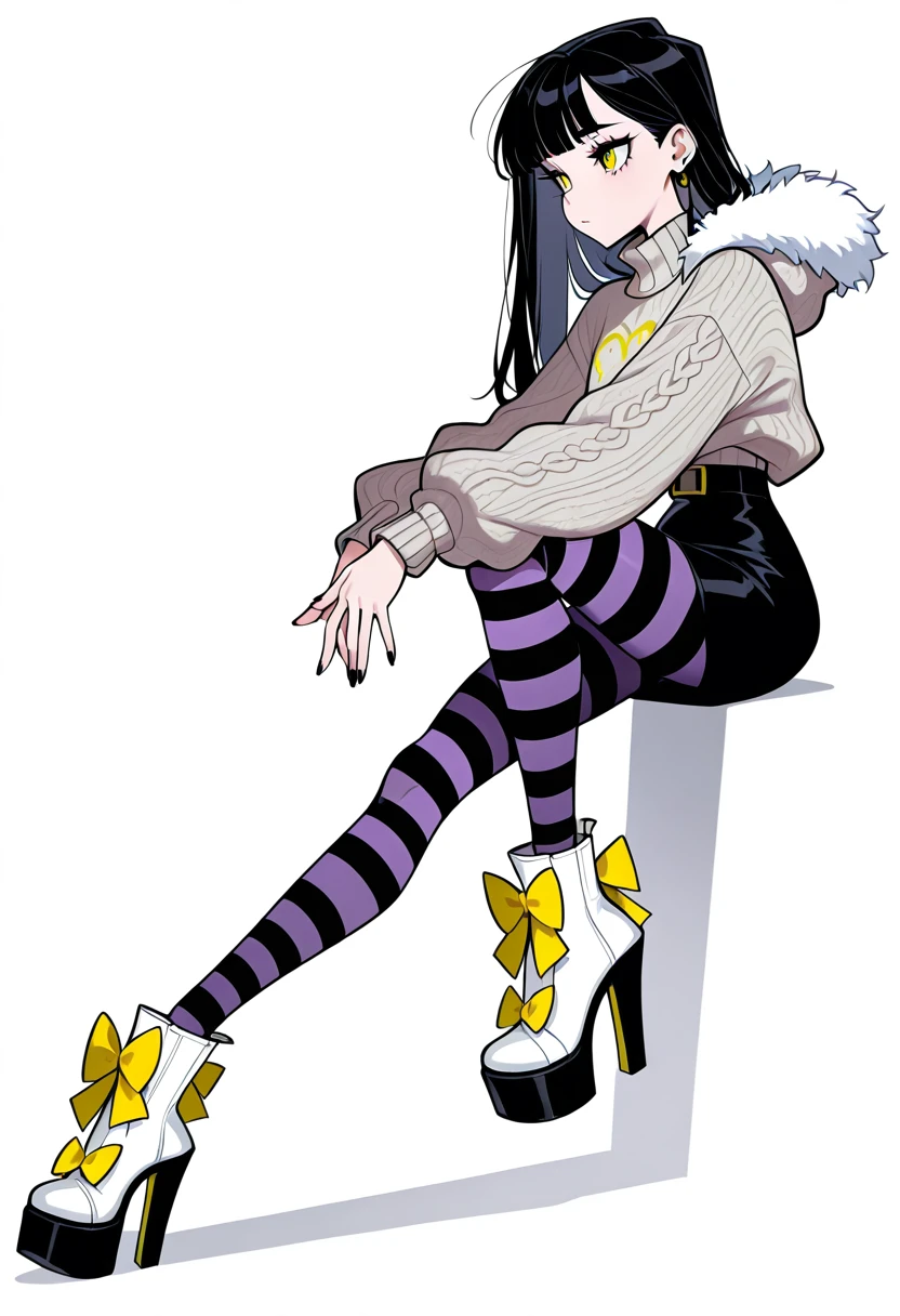 masterpiece, best quality, 1girl, solo, eyelashes, (beautiful eyes), C0utur3Cr4z3, 1girl, solo, skirt, simple background, shirt, long sleeves, white background, bow, standing, full body, pantyhose, shoes, striped, black skirt, nail polish, high heels, sweater, fur trim, white footwear, own hands together, black nails, yellow bow, striped bow, striped pantyhose, footwear bow, purple pantyhose, sitting, knee up, <lora:Style60_IXL:1.0>,