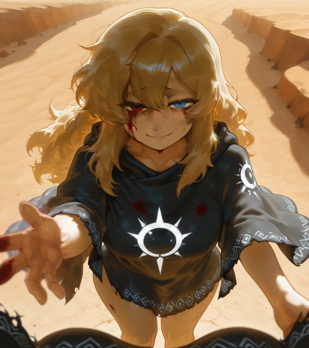 Desert, blood, battle damage, tired, Maomaki, blonde hair,