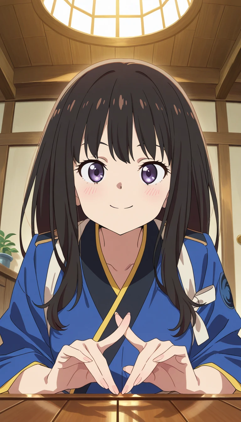 (masterpiece),best quality,amazing quality,very aesthetic,absurdres,newest,perfect body,shiny skin,perfect eyes,detail1eye,well-defined fingers,well-defined fingernails,anime style,indoors,1girl,solo,upper body,looking at viewer,facing viewer,smile,blush,Lycoris Recoil style,Inoue Takina,official clothes,<lora:Lycoris Recoil style-Illus:1.6>,