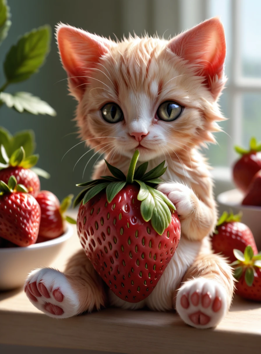 detailed realistic close up of a strawberry shaped like a kitten, sitting, natural light