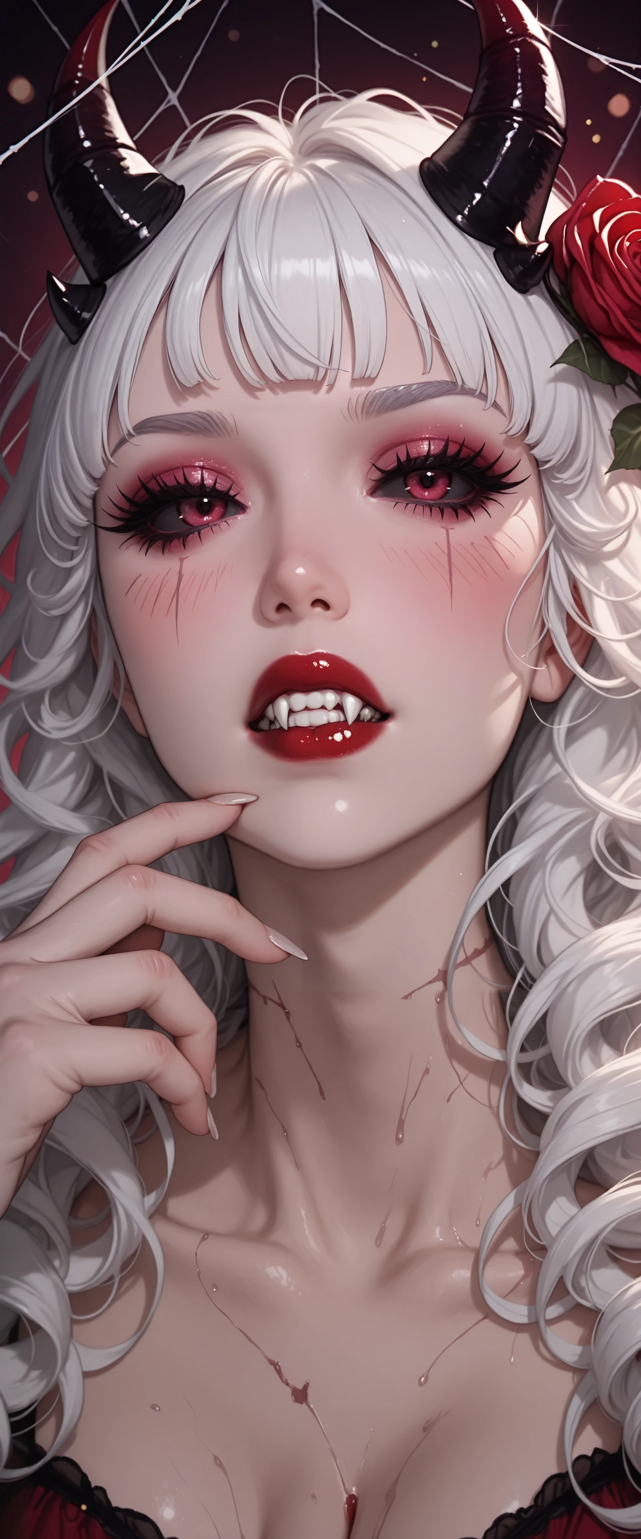 absurdres, high_quality, newest, incredibly_absurdres, very aesthetic, glint, magic, magic_user, lens_flare, aura, vibrant (blurry:1.3, blurry_background, bokeh), (grainy_texture:1.3)
(WPM-Illu, teeth, red rose, cleavage, colored_eyebrows, simple background, dress, long hair, fangs, close-up, upper body, white hair, bangs, curly_hair, realistic, portrait, red_lips, lipstick, scar, red eyes, 1girl, horns, long_hair, eyelashes, looking at viewer, black eyes, black sclera, makeup, fingernails, grey eyes, blush, spider web)