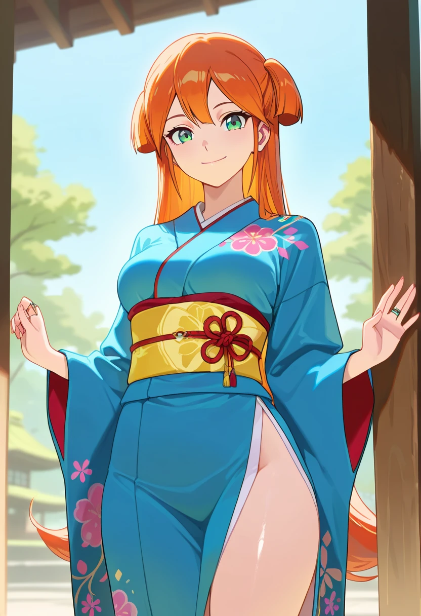masterpiece, ((ultra detailed background, delicate pattern, intricate detail)), (highly detailed, fine details), best quality, ((medium breasts, slim girl)), NamiChan, 1girl, orange hair, solo, long hair, jewelry, ((medium breasts, slim girl, japanese clothes, kimono, left shoulder tattoo)), hair ornament, brown eyes, smile, earrings, (complex detailed background, outside, urban environent, traditional japanese town environment, japanese buildings, cowboy shot),