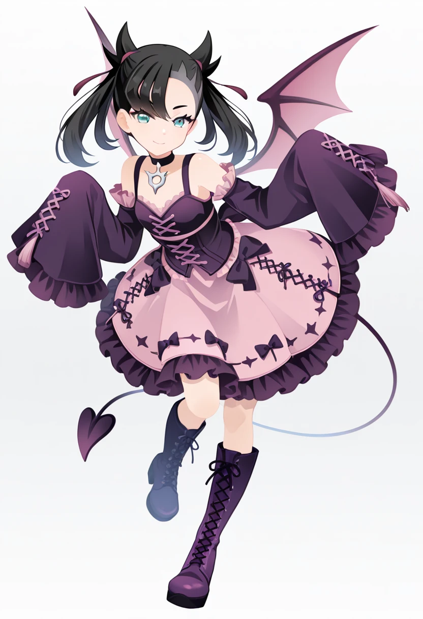 masterpiece, best quality, 1girl, solo, eyelashes, (beautiful eyes), zzMarnie, aqua eyes, black choker,<lora:MarniePokemonIllustrious:0.8>, leaning forward, smile, dynamic pose, close up, C0utur3Cr4z3, solo, skirt, long sleeves, white background, dress, bow, standing, tail, full body, boots, frills, detached sleeves, wings, wide sleeves, black footwear, black dress, sleeves past wrists, black bow, standing on one leg, demon girl, frilled dress, bat wings, frilled skirt, frilled sleeves, tassel, pink dress, demon tail, corset, purple dress, sleeves past fingers, demon wings, Lfashion, purple bow, cross-laced clothes, purple footwear, <lora:CoutureCraze_IXL:1.0>,
