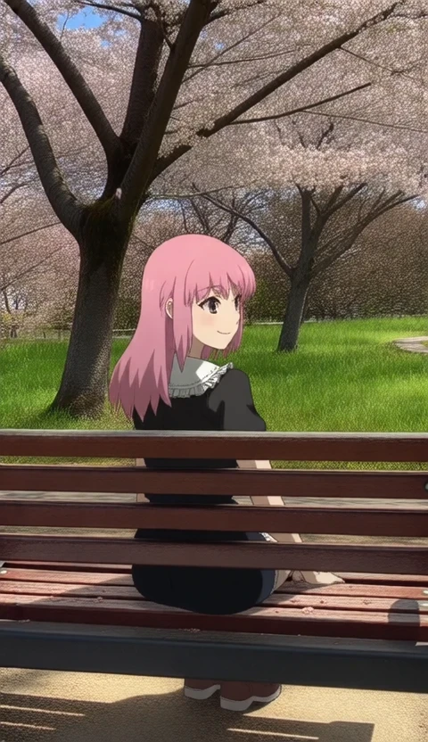 photo background, sakura miko, artist:[miyajima reiji|pong \(pong o0\)|gishiki \(gshk\)|matsuoka \(mtok 0\)|mika pikazo|yu \(stdio nameraka\)|lifeline \(a384079959\)], pink hair, cowboy shot, black shirt, jirai kei, frills, outdoors, cherry blossom, tree shade, sitting, falling petals, shaded face, looking to the side, real world location,film grain, 
real world location, film grain, dutch angle, branch, blurry foreground, arm up, smile, 
live2d animation, upper body, high quality cinematic video of a woman sitting on a bench in the park.
The Camera is steady, This is a cowboy shot. The animation is smooth and fluid.
masterpiece, best quality, very aesthetic