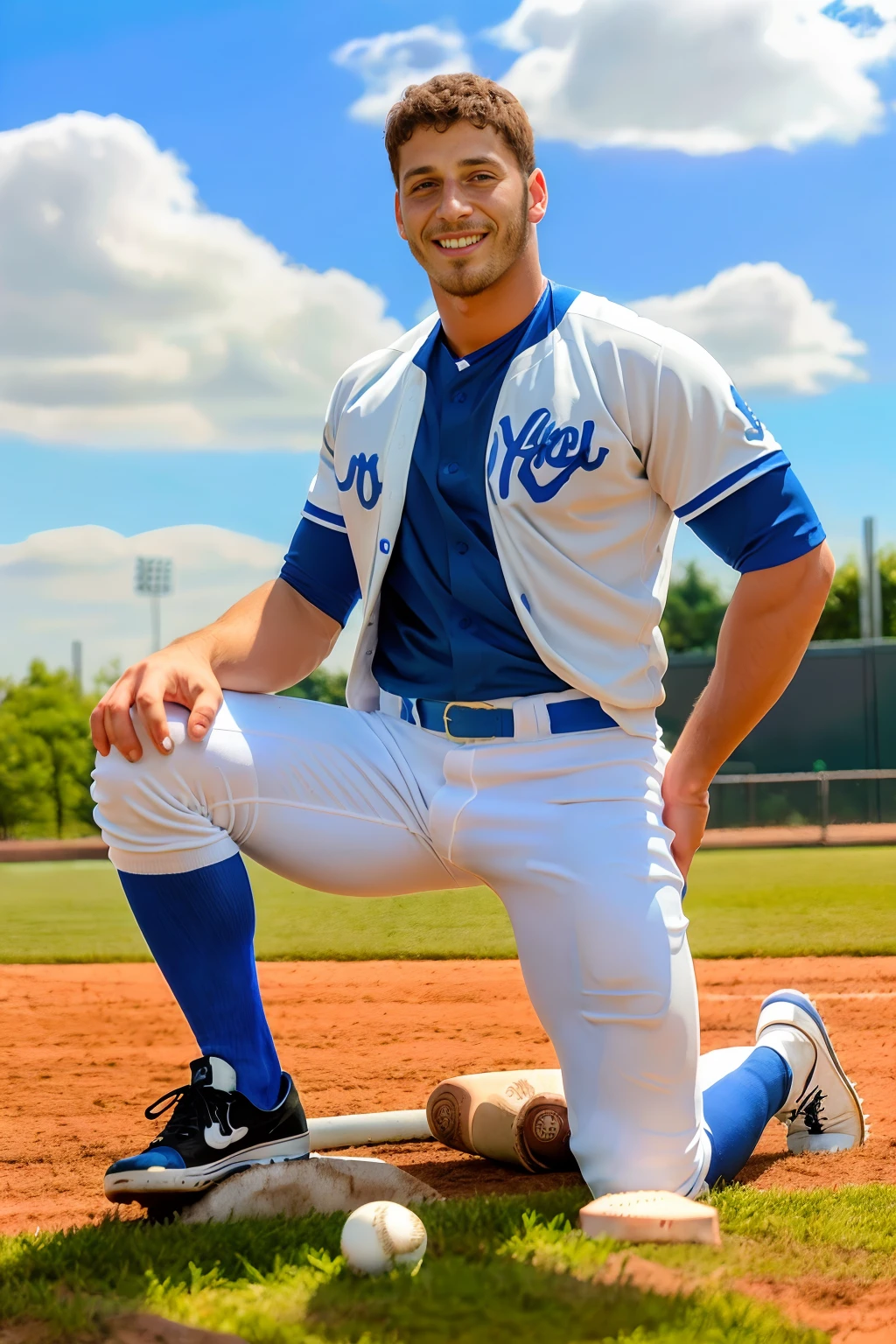 afternoon, baseball field, outdoors, partly cloudy, kneeling in grass, JohnBronco is a baseballplayer, smile, baseball uniform, (royal blue jersey:1.3), (white pants:1.3), (royal blue socks), long socks, hand on his hip, (black sneakers), ((full body portrait)), wide angle <lora:Clothing - Sexy Baseball Player:0.55> <lora:JohnBronco:0.75>