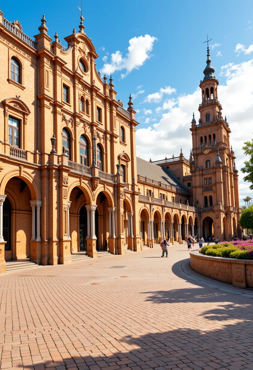 realistic, best quality,, <lora:Plaza_de_España_Spain_Square_-_Seville_Flux:1> plazaespaña, Plaza de España, Spain Square a historic square in Seville, Sevilla sunny day. The scene features a picturesque, with ornate architectural details including arched windows,