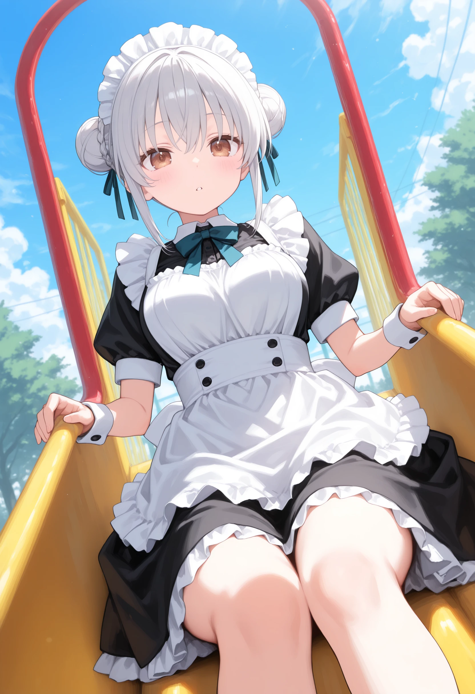1girl,(sho \(sho lwlw\):0.7),(toosaka asagi:0.5),(sincos:0.3),solo,
masterpiece, best quality, newest, absurdres, CG, anime, source anime, illustration,
maid, maid headdress,medium breasts,
slide,outdoors, day, playground, <lora:slide_Illust_v1:0.8>
dutch angle, panorama shot, looking ahead, gray hair, brown eyes,blush stickers, parted lips, hair bun hair,