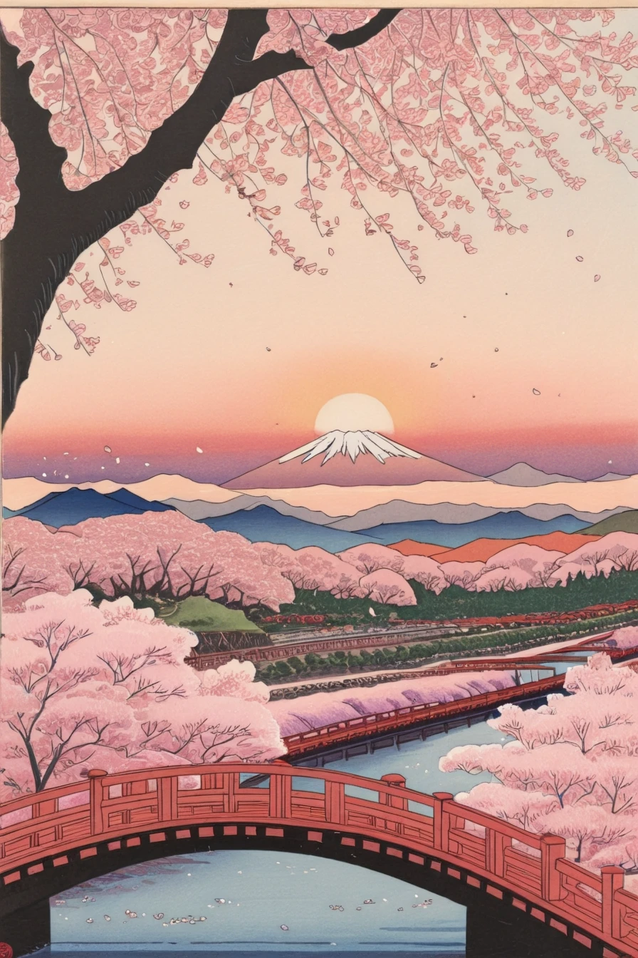 no humans, sunset, river, mount fuji background, sun, cherry blossoms, petals, falling petals, tree, spring, bridge, <lora:japanese_art_ukiyoe_illustriousXL:1>, japanese_art_ukiyoe, ukiyo-e, masterpiece, highres