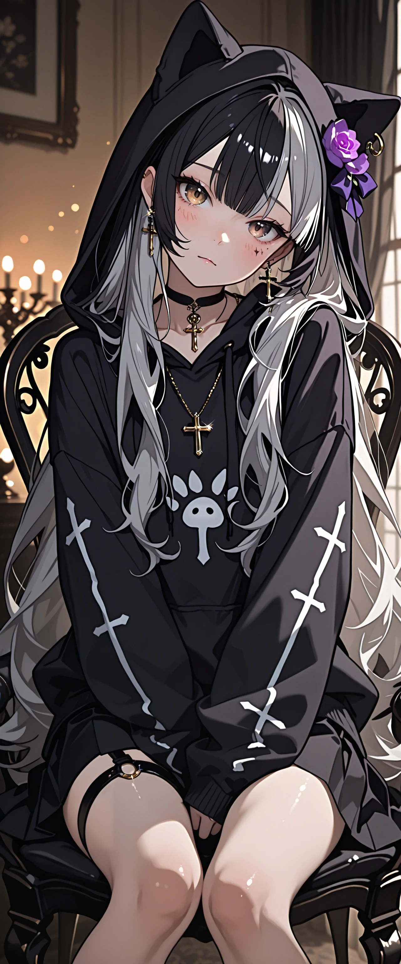 absurdres, high_quality, newest, incredibly_absurdres, very aesthetic, glint, magic, magic_user, lens_flare, aura, vibrant (blurry:1.3, blurry_background, bokeh), (grainy_texture:1.3)
(BSH-Illu, wolf_cut, multicolored hair, solo, cross necklace, cross earrings, gradient_hair, two-tone hair, choker, tattoo, necklace, head tilt, multicolored_hair, grey_hair, very_long_hair, 1girl)
neo-porte
kasukano_uturo
1girl black_choker black_hoodie black_skirt blush bow cake chair choker closed_mouth curtains flower ghost heterochromia holding holding_fork hood_down indoors knees_up long_hair long_sleeves looking_at_viewer purple_bow purple_eyes purple_flower purple_rose sidelocks sitting sleeves_past_wrists solo table thigh_strap virtual_youtuber white_hair window yellow_eyes