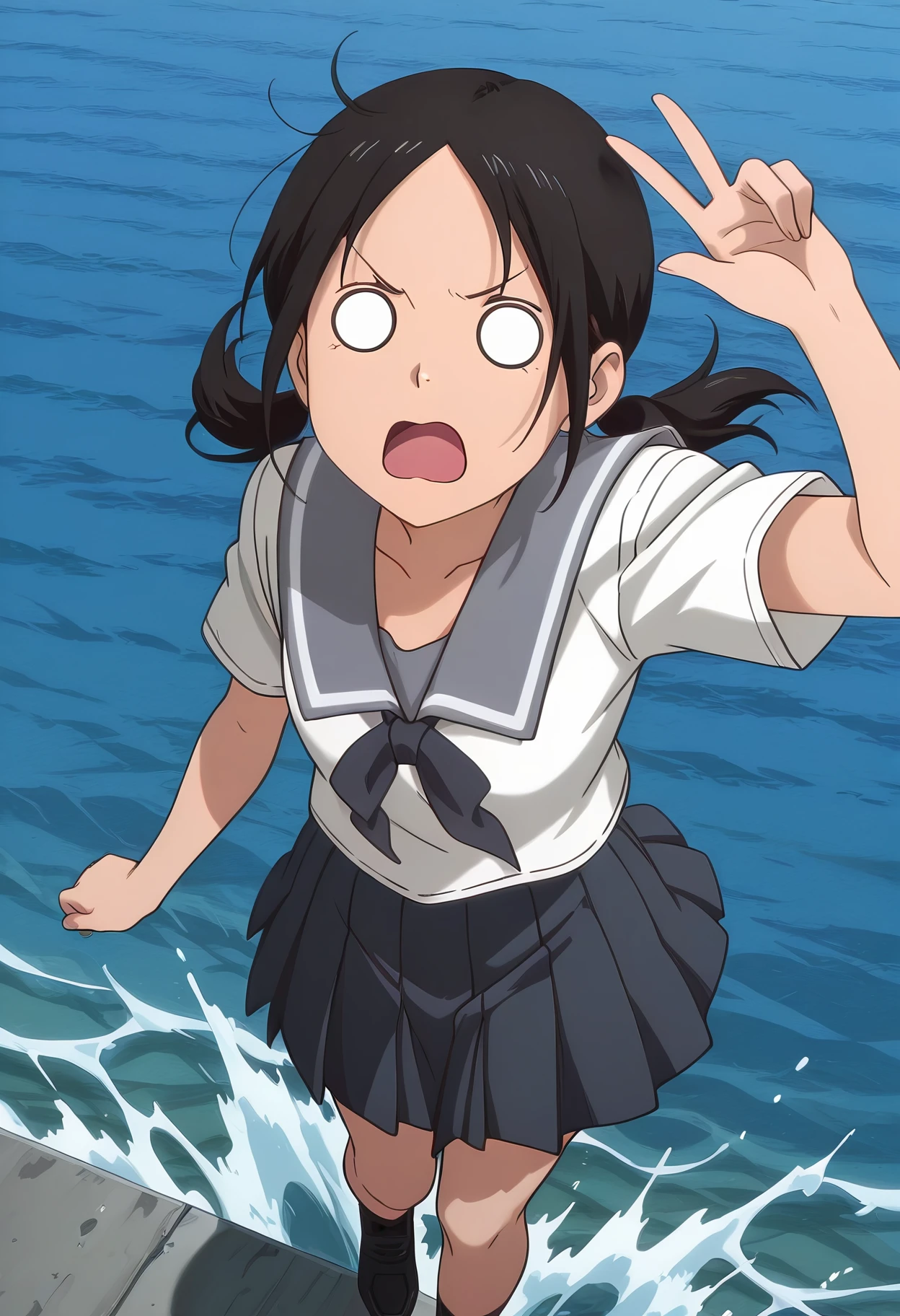 Smooth Quality,masterpiece, anime artwork, anime style, studio anime,
ocean,
from above,o o,shaka sign,
<lora:Chio-chan_no_Tsuugakuro:0.8> cnn/chio,
1girl, black hair, school uniform, serafuku, twintails, black eyes, pleated skirt,black footwear,