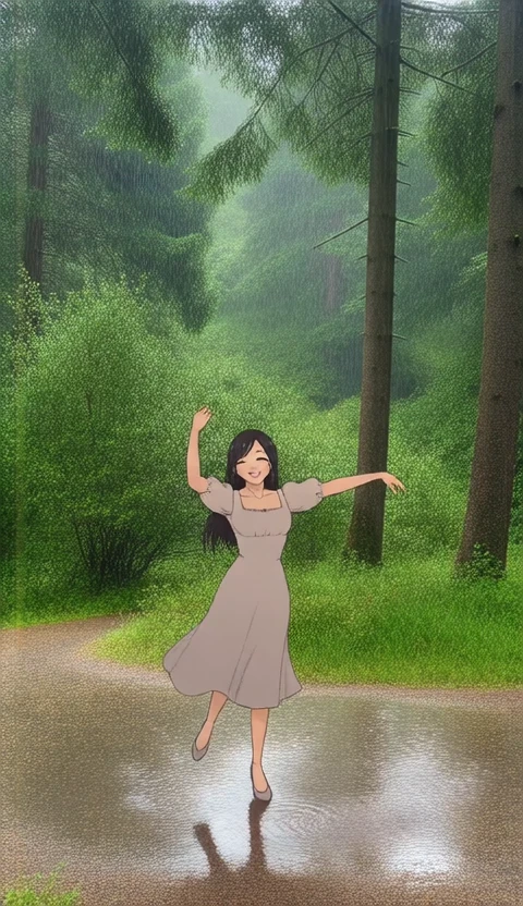 photo background, artist:[miyajima reiji|pong \(pong o0\)|gishiki \(gshk\)|matsuoka \(mtok 0\)|mika pikazo|yu \(stdio nameraka\)], outdoors, greenery, nature, scenery, pine tree, shrub, fallen leaves, forest, delicate wildflowers, towering trees, green foliage, rain, raindrops, soft mist, wet tree trunks, gentle ripples in puddles, cool fresh air, standing, dancing pose, body twirls, long black hair, embracing the rain, joyful expression, gentle smile, elegant dress dampened by the raindrops, looking at viewer, cowboy shot, dynamic angle, real world location, photo background, film grain, photo bashing,
live2d animation, upper body, high quality cinematic video of a woman dancing in a forest.
The Camera is steady, This is a cowboy shot. The animation is smooth and fluid.
masterpiece, best quality, very aesthetic