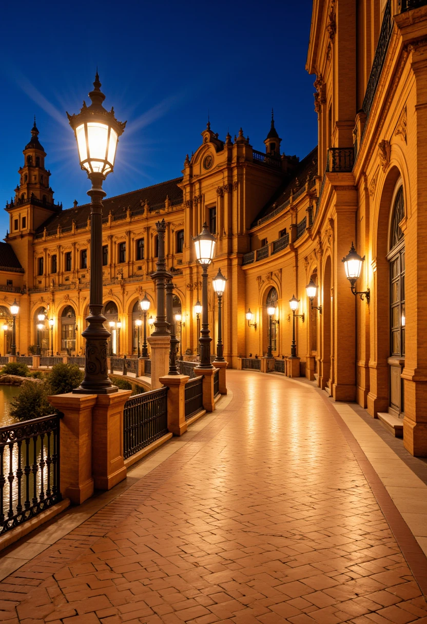 realistic, best quality,, <lora:Plaza_de_España_Spain_Square_-_Seville_Flux:1> plazaespaña, Plaza de España, Spain Square a historic square in Seville, Sevilla sunny day. The scene features a picturesque, with ornate architectural details including arched windows, midnight, lights, night, long corridor,
