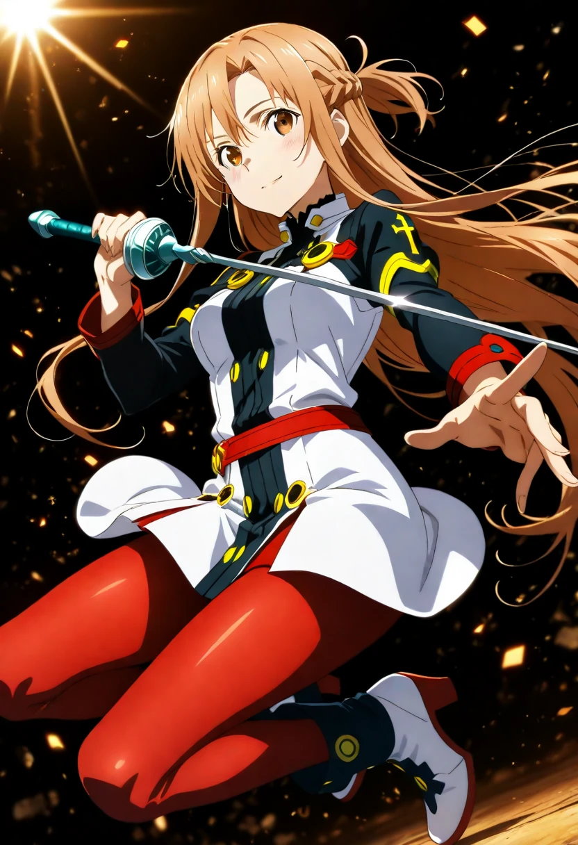1girl,
asuna \(sao\),sword art online the movie: ordinal scale,
safe,
shirt,black_shirt,dress,white_dress,long sleeves,belt,red belt,pantyhose,red pantyhose,rapier,boots,white footwear,black footwear,(two-tone_boots),high heels,augma,
looking at viewer,(upper body:1.2),depth of field,
masterpiece,high score,great score,absurdres,blurry,