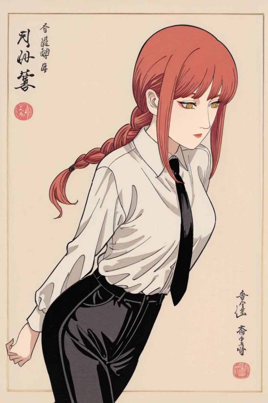 makima, red hair, long hair, ringed eyes, yellow eyes, braid, white collared shirt,black necktie, black pants, 1girl, solo, alone, <lora:japanese_art_ukiyoe_illustriousXL:1>, japanese_art_ukiyoe, ukiyo-e, masterpiece, highres