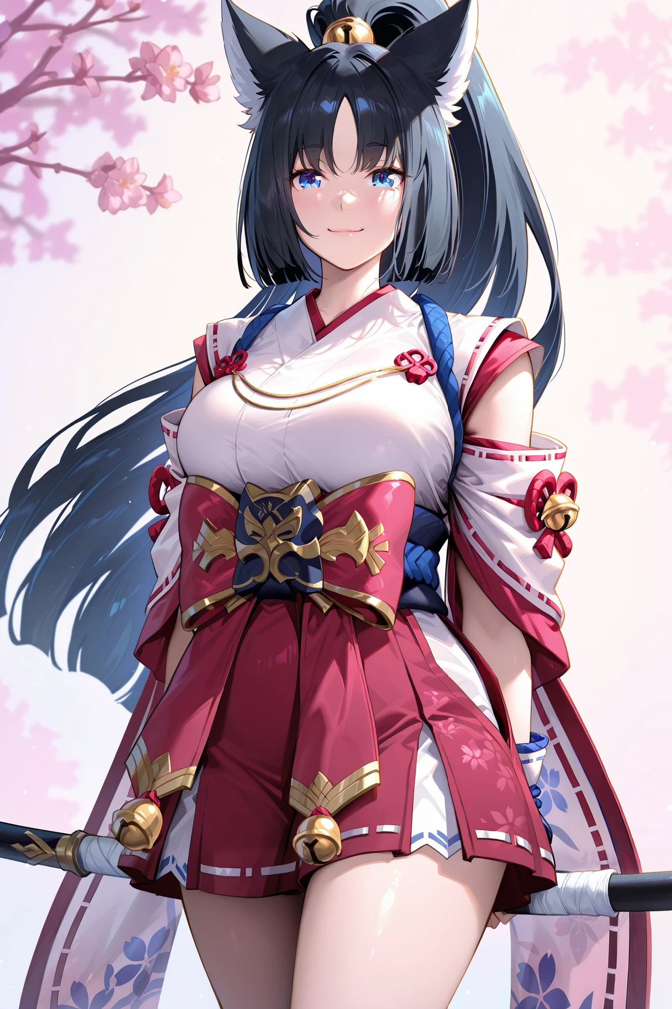 masterpiece, best quality, ultra-detailed, absurdres, newest,1girl, solo, miyasuzuhime, fox ears, high ponytail, black hair, long hair, blue eyes, sidelocks, japanese clothes, red skirt, bell,  beautiful face, charming smile, gentle expression, sparkling blue eyes, soft lighting, smooth skin, perfect shading, holding bow (weapon), looking at viewer
simple background, blurred background, soft pastel colors, clean composition, natural pose, relaxed shoulders, elegant posture