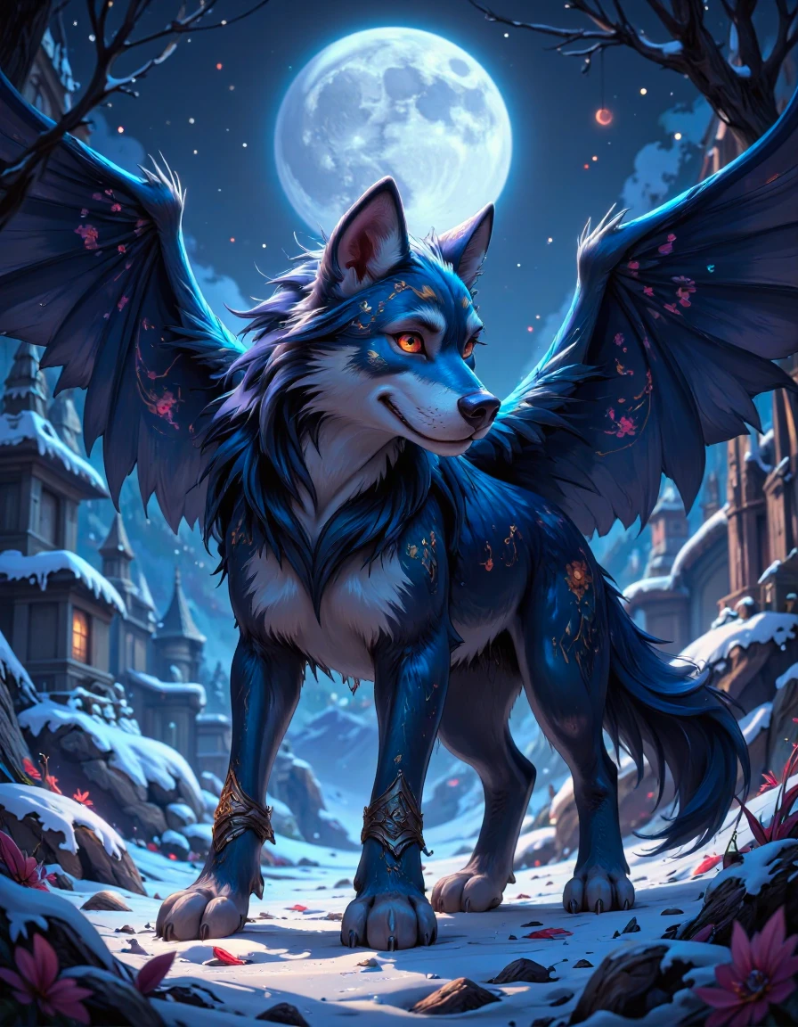 blue feathered wolf with wings on a beautiful fantasy landscape, standing facing front, regal, elegant, winter, snow, moonlit, hd, illustration, epic, d & d, fantasy, intricate, elegant, highly detailed, digital painting, artstation, concept art, smooth, sharp focus, illustration, wallpaper, art by artgerm and greg rutkowski and alphonse mucha and jin xiaodi