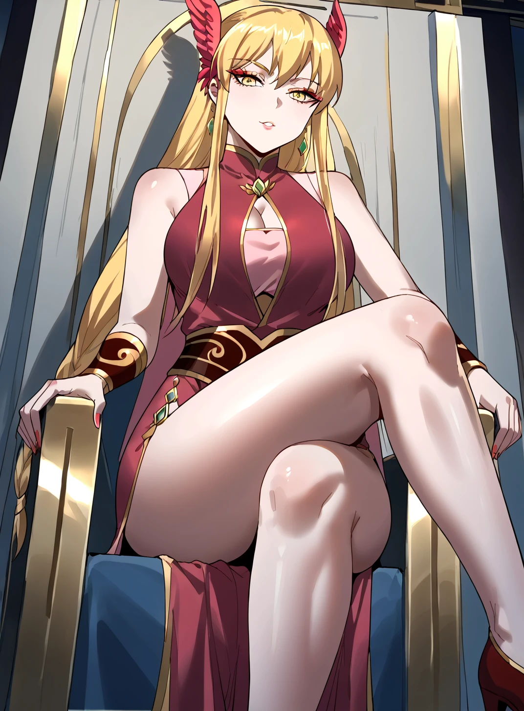 Miscellaneous priestess, blonde, red eyes, smirking at viewer, POV, temple, priestess robes,