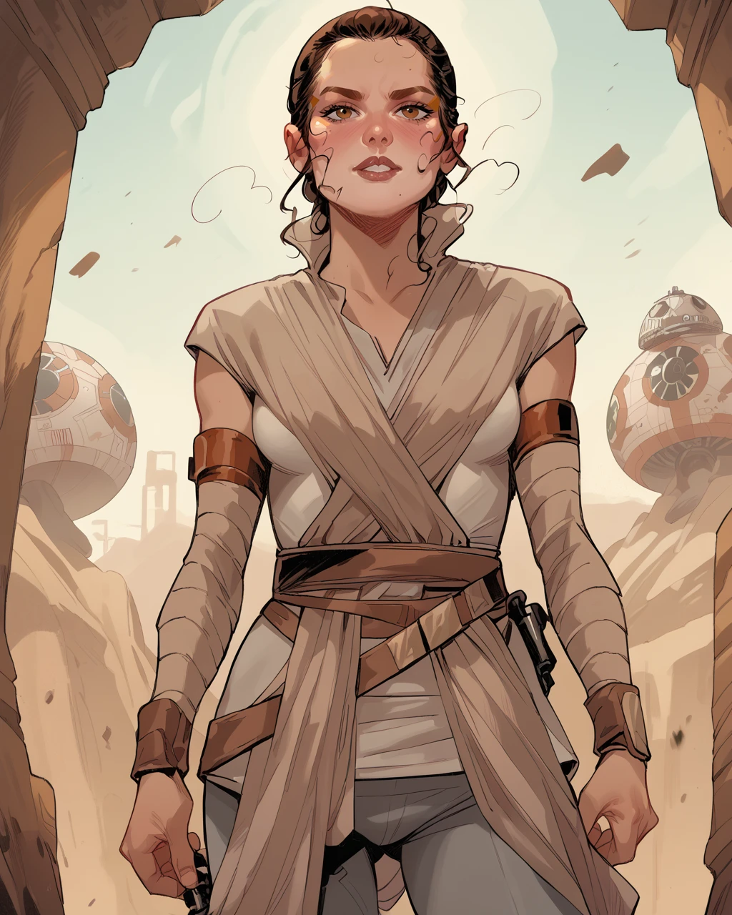 score_9, score_8_up, score_7_up, score_6_up, masterpiece, best quality, zPDXL3, zPDXLxxx, <lora:MarcoChecchetto:1> checchetto, <lora:ReySkywalker_PXL_Leaf2:1> rey, 1girl, brown hair