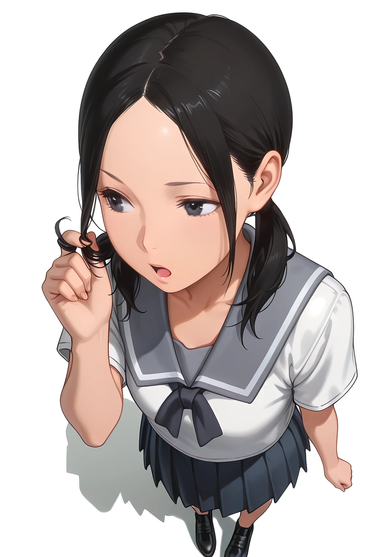 Smooth Quality,masterpiece, ultra realistic, masterpiece,
simple background, white background,
from above,;o,twirling hair,
<lora:Chio-chan_no_Tsuugakuro:0.8> cnn/chio,
1girl, black hair, school uniform, serafuku, twintails, black eyes, pleated skirt,black footwear,