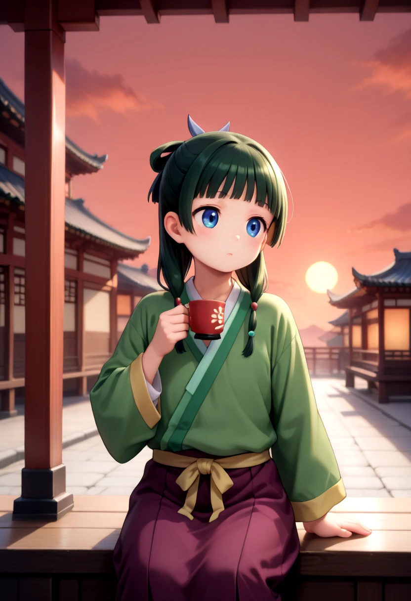 1girl, maomao, blue eyes, blunt bangs, green hair, hair ornament, long hair,green japanese clothes, long sleeves, purple skirt, night, sunset, red sky, sitting, holding tea mug without handle, cowboy shot, from side traditional chinese building,, <lora:IL/MaoMaoNoobXL_byKonan:1.0>