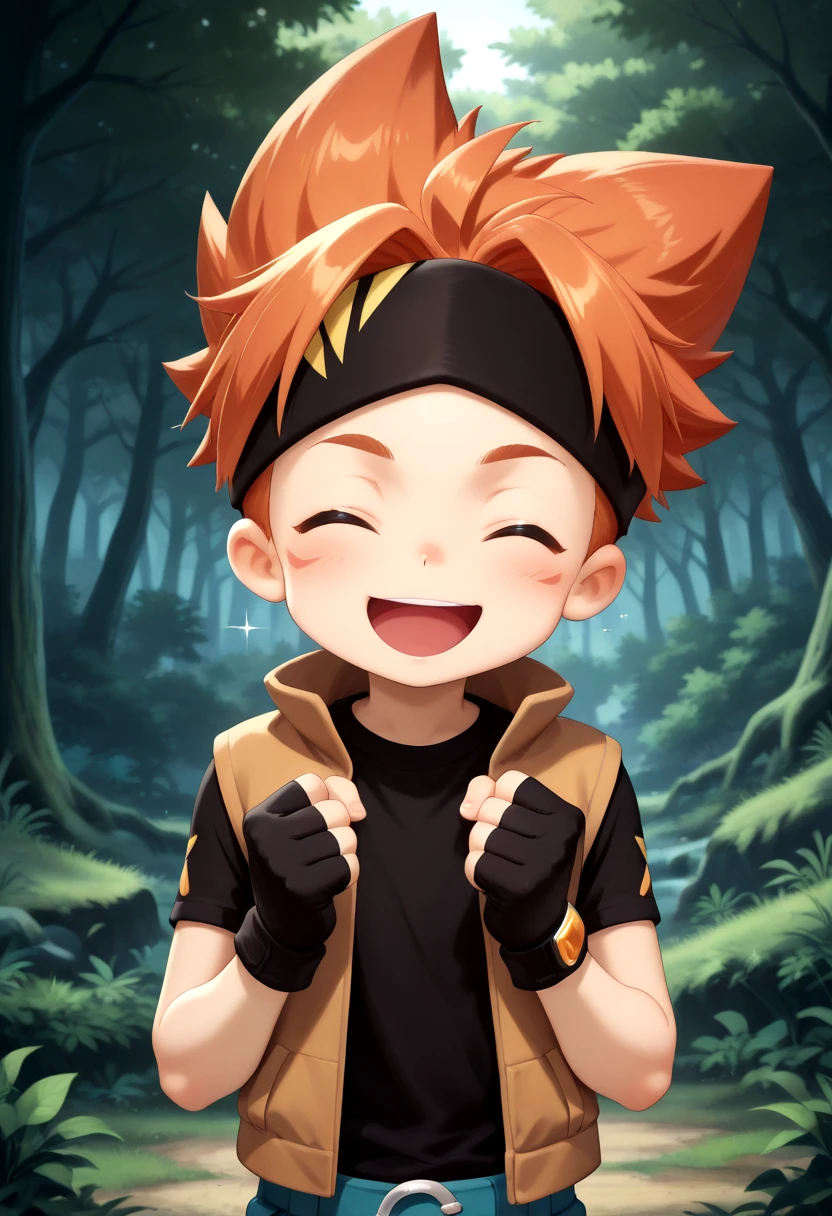masterpiece, best quality, amazing quality, very aesthetic, absurdres, newest,
qian rui, orange hair, orange eyes, headband, brown jacket, black shirt, 1boy, male focus, closed eyes, gloves, solo, nature, open mouth, forest, smile, upper body, spiked hair, fingerless gloves, ^ ^, outdoors, clenched hands, black gloves, tree, sparkle, shirt, :d, <lora:IL/Qian_Rui_-_Armored_Adventure_-_Pony__Illustrious_Comission:0.8>