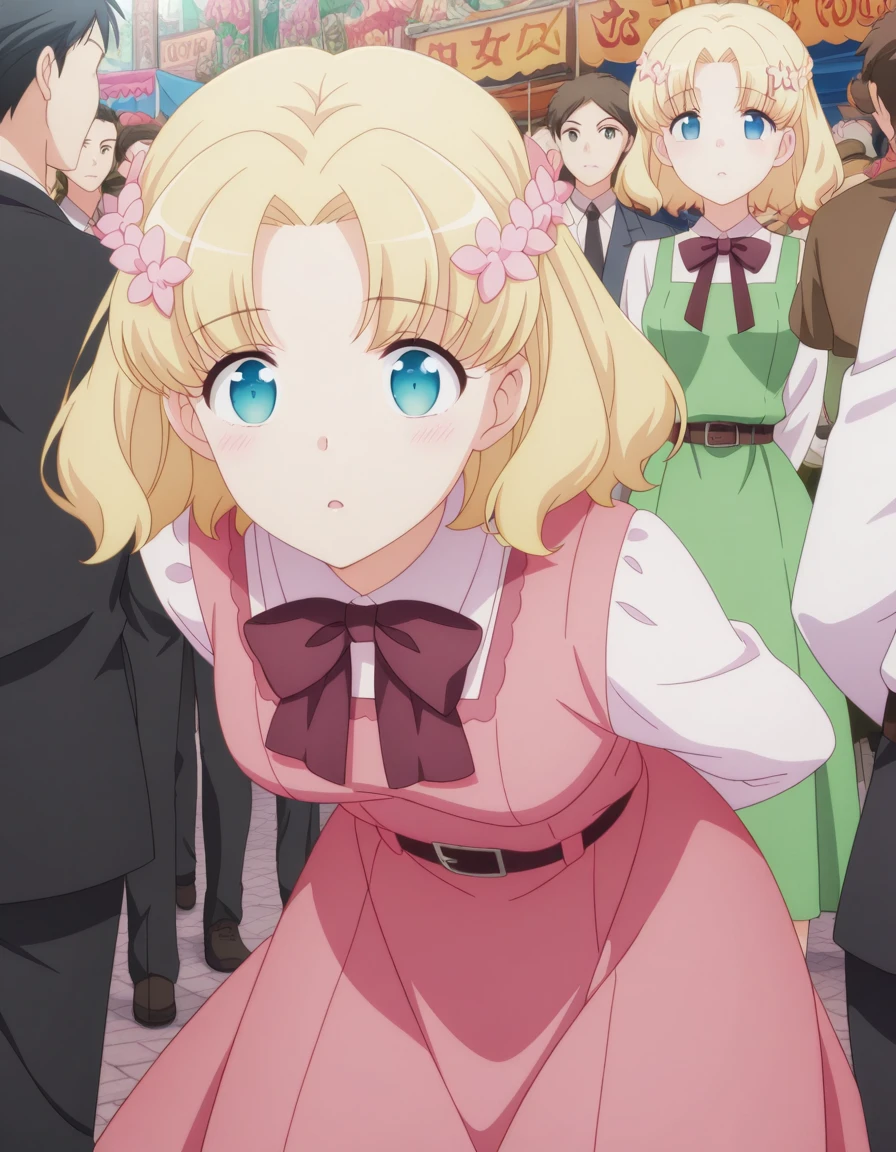 alone, {Amenorrhea_wynn_palette_tenseioujototensaireijounomahoukakumei:1.15}, blonde_hair, green_eye, Front hair, short_hair, ribbon, hair_ribbon, Ahoge, hair_between_eye, smile, black_ribbon, Blurred, One girl, chest, Between the chest, Jacket, jewelry, Moderate_chest, necklace, night, Pearl_necklace, white_Jacket, dress, Open_mouth, red_dress, bow, profile, Closed_eye, length_sleeve,, break masterpiece ,8k unity wallpaper,anime key visual,highest quality, High resolution, unity 8k wallpaper, (shape:0.8),anime coloring,highly detailed face, detailed eyes,growing eyes,shiny skin,fine skin,white skin,dense skin,detailed hair,highly detailed legs,perfect lighting, Detailed CG, (perfect hands, perfect anatomy),High resolution,(Detailed wear ),slender limbs, delicate curves, dainty hands,figure:0.8,