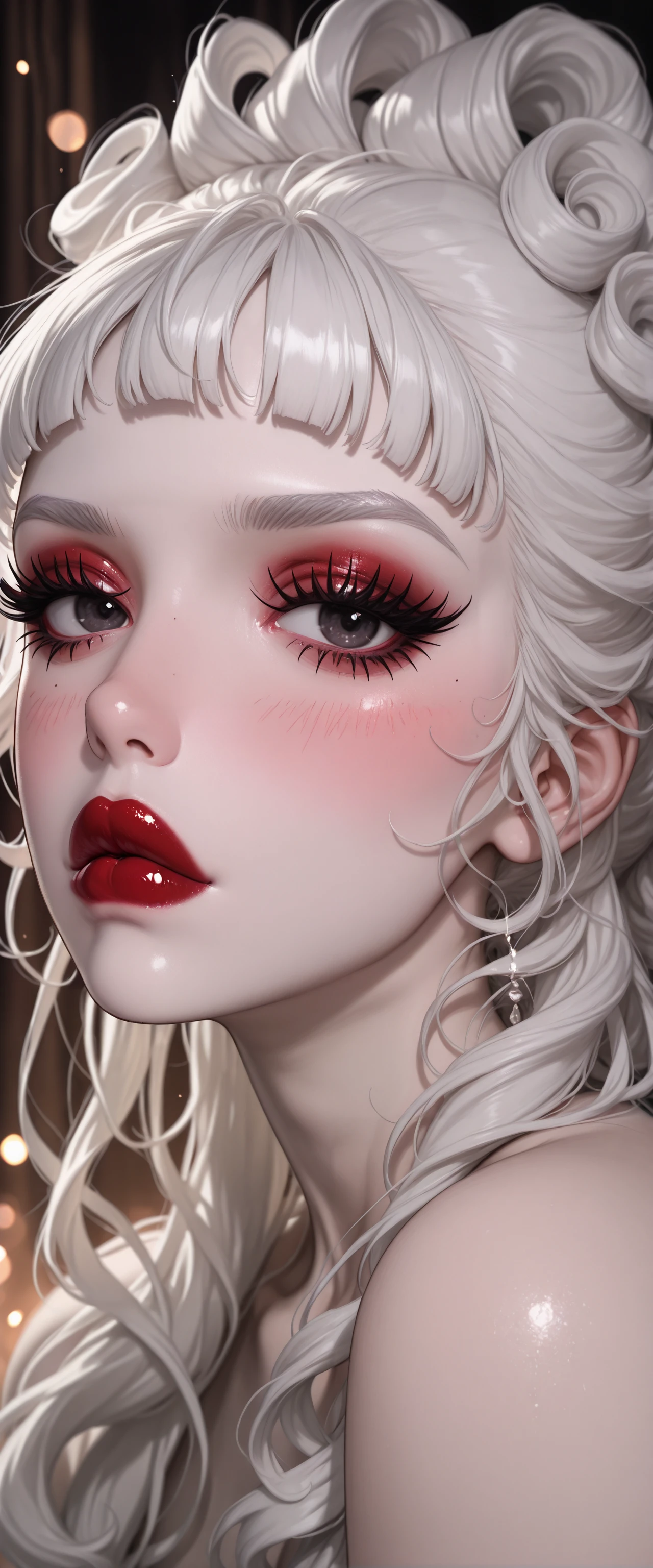 absurdres, high_quality, newest, incredibly_absurdres, very aesthetic, glint, magic, magic_user, lens_flare, aura, vibrant (blurry:1.3, blurry_background, bokeh), (grainy_texture:1.3)
(WPM-Illu, blush, seductive, pinup, red_lips, thick_lips, long_eyelashes, mascara, pale_skin, white_skin, colored_eyebrows, white_eyebrows, curly_hair, long_hair, updo, victorian, 1girl, solo, white hair, red lips, looking at viewer, portrait, makeup, eyelashes, closed_mouth, red lipstick, red lips, bangs, black eyes, lipstick, lips, long hair)