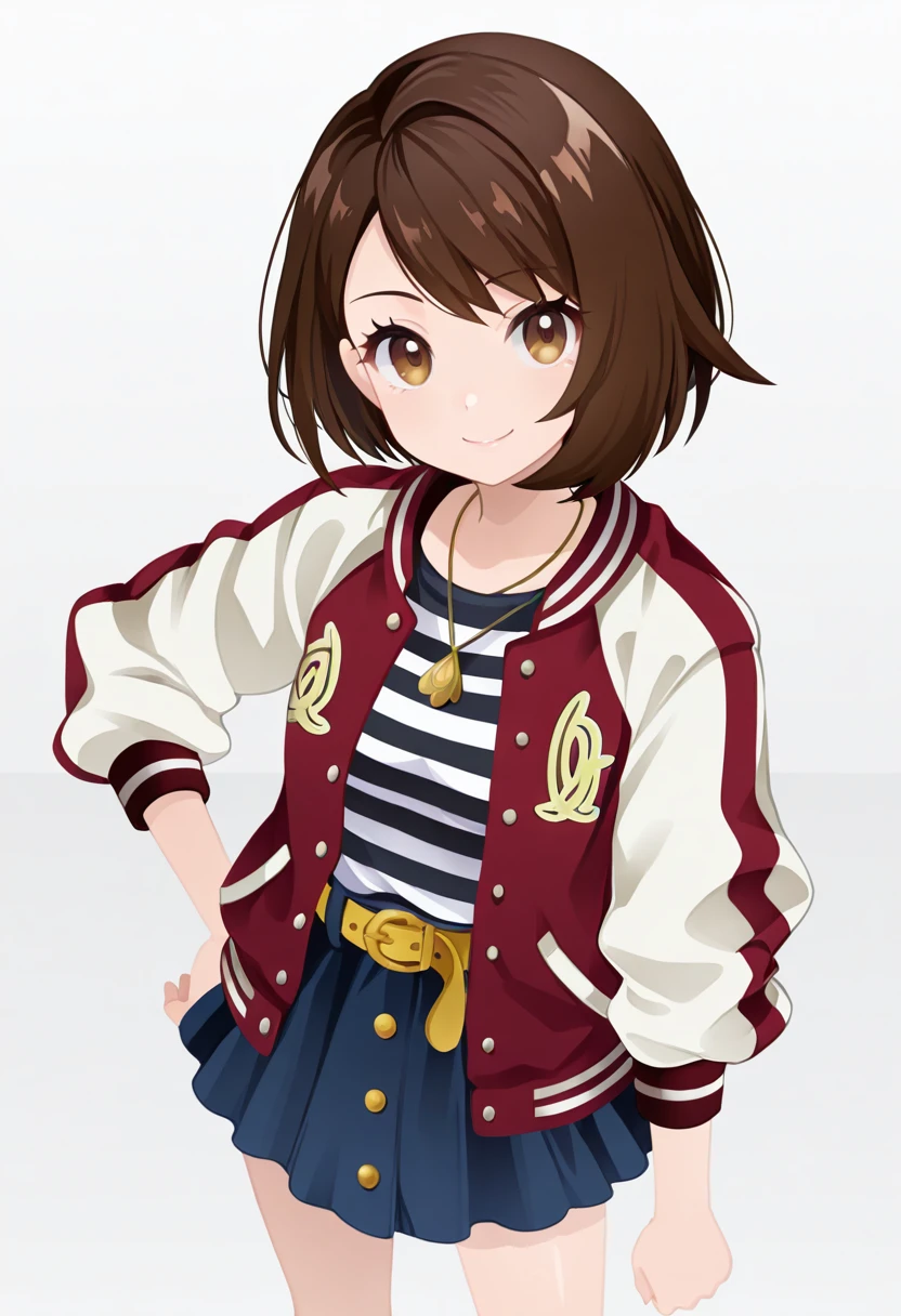 masterpiece, best quality, 1girl, solo, eyelashes, (beautiful eyes), smile, zzGloria, brown hair, brown eyes, <lora:GloriaPokemonIXL:0.8>, smile, hand on hip, from above, C0utur3Cr4z3, 1girl, solo, skirt, shirt, jewelry, jacket, frills, striped, belt, necklace, striped shirt, letterman jacket, <lora:CoutureCraze_IXL:1.0>,