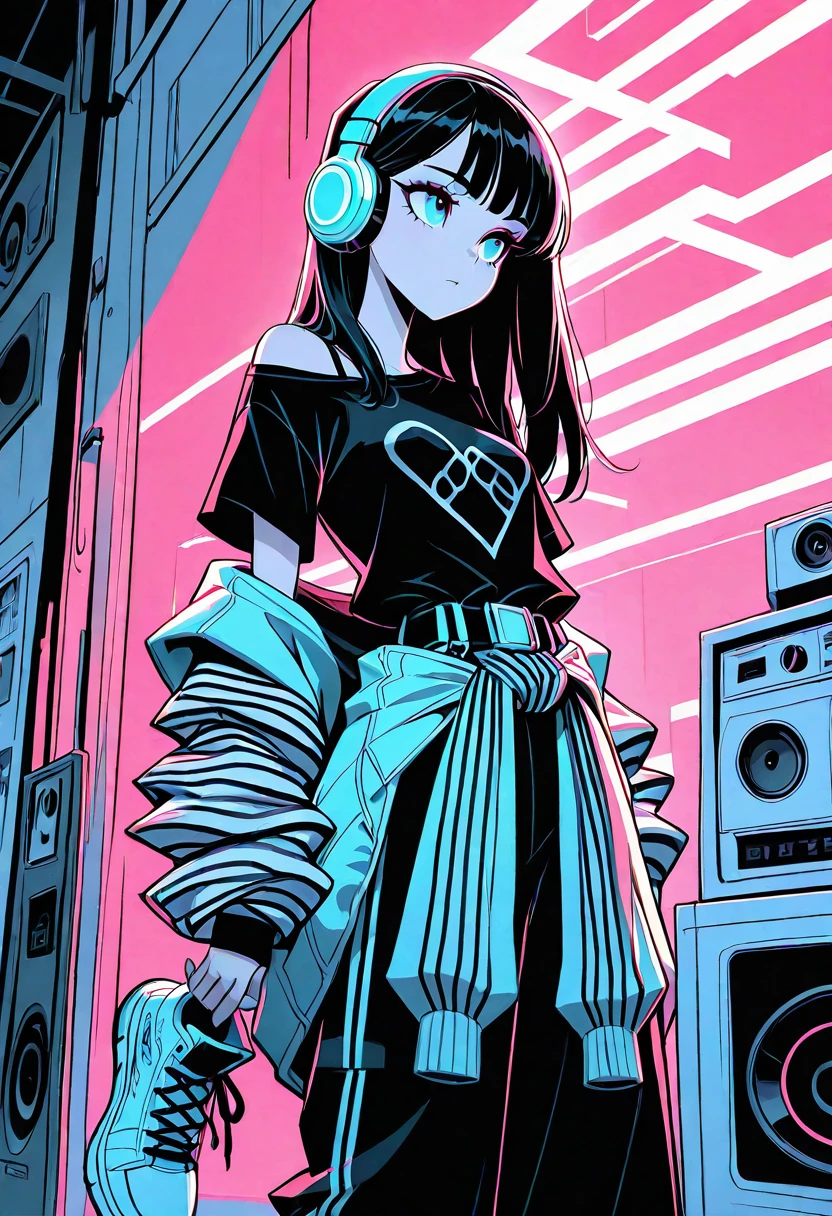 masterpiece, best quality, 1girl, solo, eyelashes, (beautiful eyes), standing, cowboy shot, shoes, striped, belt, pants, off shoulder, headphones, sneakers, clothes around waist, fashion, <lora:Style60_IXL:1.0>,
