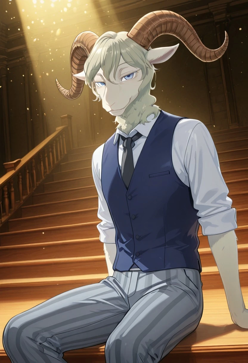 masterpiece, best quality, amazing quality, very aesthetic, absurdres, newest, high quality, detailed, male, solo male, Pina, 1boy, mature male, male, slender build, anthro, white dall sheep, horns, animal ears, white fur, blue eyes, white collared shirt, blue vest, black tie, grey striped pants, drama club, theatre, sitting on edge of stage, smiling, looking at viewer, half lidded eyes, volumetric lighting