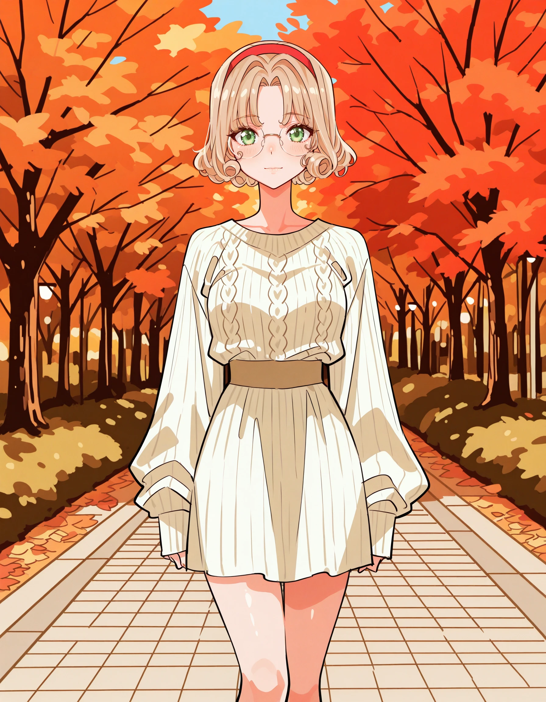masterpiece, best quality, high quality, highres, 4k, newest, anime, solo, casual, contemporary, <lora:AETakeuchiRyousuke:1.35>
<lora:AEFuu:1> AEFuuDef, green eyes, light brown hair, curly hair, parted bangs, short hair, glasses, rimless eyewear, round eyewear, red hairband, light smile, autumn leaves, knit dress