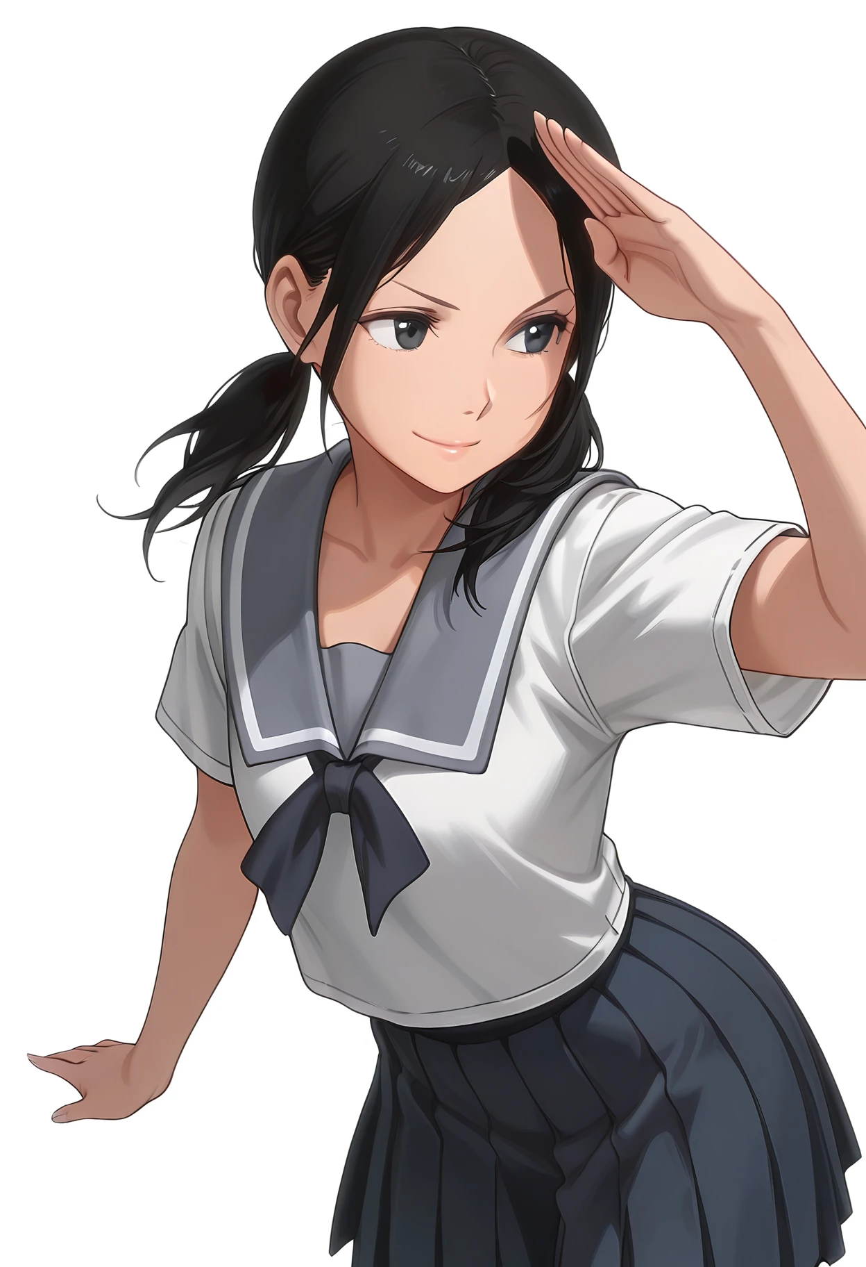 Smooth Quality,masterpiece, ultra realistic, masterpiece,
simple background, white background,
sideways,;),straight-arm salute,
<lora:Chio-chan_no_Tsuugakuro:0.8> cnn/chio,
1girl, black hair, school uniform, serafuku, twintails, black eyes, pleated skirt