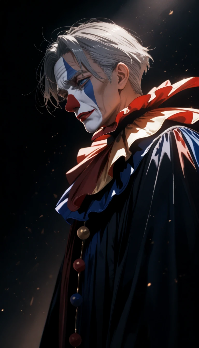 masterpiece,high score,great score,absurdres,1boy,elder,old man,male,60yo,Pierrot,pantomime,clown costume,sad expression,detailed face,blue eyes,long eyelashes,dynamic pose,looking afar,elegant,dramatic lighting,cinematic,moody,dark background,atmospheric,muted colors,chiaroscuro,