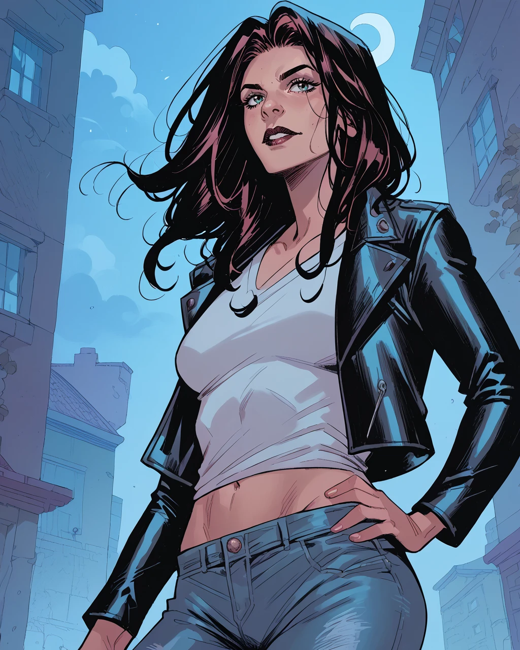 score_9, score_8_up, score_7_up, score_6_up, masterpiece, best quality, zPDXL3, zPDXLxxx, <lora:Jessica JonesPonyLoRA:1> jssjojwl, long hair, leather jacket, jeans, shirt, <lora:MarcoChecchetto:1> checchetto, night, solo, hand on hip, contrapposto, midriff,