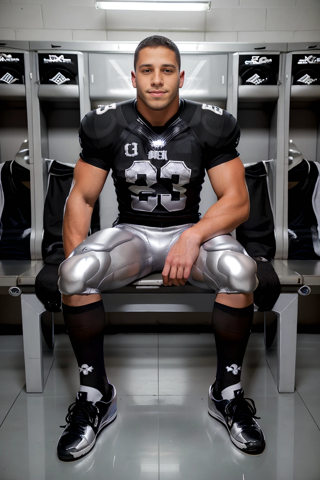 locker room, sitting on a bench, in front of lockers, slightly smiling, JohnBronco is an (American football player), wearing (football uniform:1.2), (black jersey:1.4), jersey number 23, (pale silver football pants:1.4), (black socks:1.4), long socks, (black sneakers:1.4), (((full body portrait))), wide angle <lora:JohnBronco:0.8>