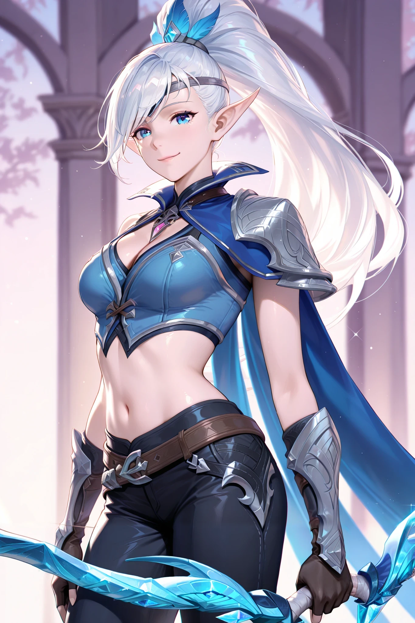 masterpiece, best quality, ultra-detailed, absurdres, newest,1girl, solo, miyadefault, white hair, long hair, blue eyes, elf, pointy ears, ponytail,
armor, blue cape, midriff, navel, belt, black pants, cleavage, beautiful face, charming smile, gentle expression, sparkling blue eyes, soft lighting, smooth skin, perfect shading, holding bow (weapon), looking at viewer
simple background, blurred background, soft pastel colors, clean composition, natural pose, relaxed shoulders, elegant posture, delicate hands, fingerless gloves