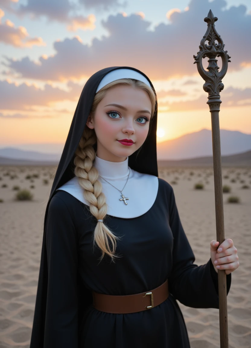 A photo-realistic shoot from a frontal camera angle about a young woman dressed as a nun standing in a desert landscape during sunset, holding a staff. the image also shows a serene and peaceful atmosphere. on the middle of the image, a 1woman, who appears to be in her early twenties, with light skin, blue eyes, and long blonde hair styled in a braid, is standing with a confident and slightly seductive expression. she is wearing a black nun outfit with a white veil and a brown belt, along with a cross necklace. the woman is holding a large, ornate staff in her right hand, and her left hand is resting on her hip. the background features a vast desert landscape with sparse vegetation and distant mountains under a colorful sunset sky with clouds.,1girl, solo, long hair, breasts, looking at viewer, blue eyes, blonde hair, long sleeves, dress, holding, jewelry, medium breasts, standing, braid, outdoors, sky, belt, cloud, necklace, mole, black dress, lips, single braid, makeup, cloudy sky, cross, lipstick, staff, hair over shoulder, veil, mole under mouth, robe, sunset, sand, brown belt, red lips, sun, wand, nun, habit, cross necklace, holding wand, desert, sunrise, traditional nun,