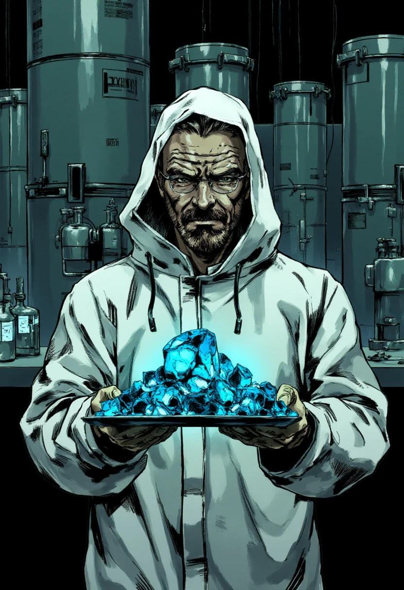 <lora:Yoji_Shinkawa_Style_FLUX-000012:0.8>
This image is a stylized digital illustration with a gritty yshinkawa cyberpunk anime aesthetic, showcasing Walter White from Breaking Bad in a hazmat suit in and underground laboratory holding a tray full of small blue crystals