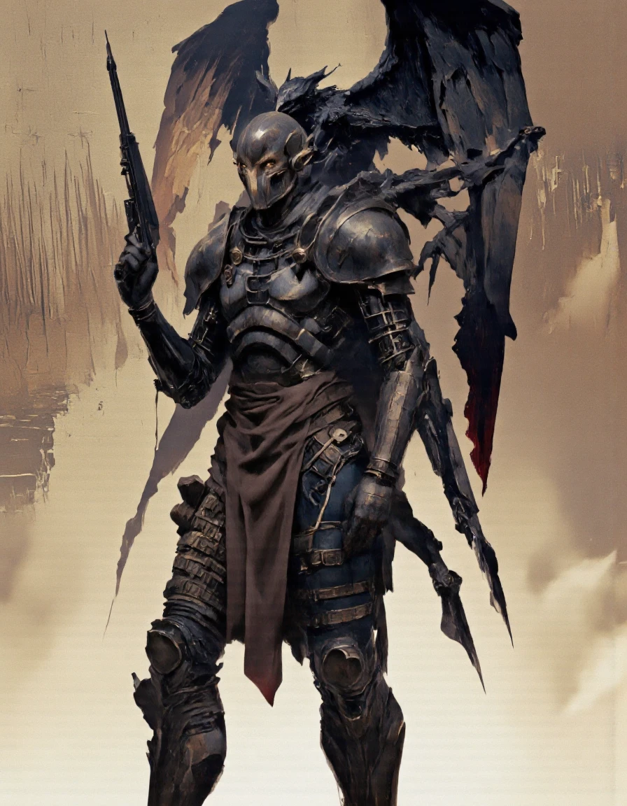 Art by Piotr JabÅoÅski. A digital illustration shoot from a slightly angled perspective about a stylized, stylized illustration of a humanoid figure in a dark, armored suit holding a gun, standing confidently in the middle of the image. the figure, who appears to be a humanoid with a muscular build and a stern expression, is positioned in the center of the frame, facing away from the viewer. it is wearing a full-body armor with intricate details, including a helmet, shoulder armor, and pauldrons, and holding a large, menacing weapon in its right hand. the armor is highly detailed and has a metallic sheen, giving it a sleek, metallic appearance. the background is a gradient of warm tones, with a rough, textured surface that adds depth and dimension to the image, creating a sense of depth and atmosphere. the character's body is slim and muscular, and its eyes are glowing with a menacing intensity, adding to the ominous atmosphere of the scene. in the background, another figure with a humanoid form is positioned behind the character, its large, feathered wings and sharp claws adding to its menacing presence.