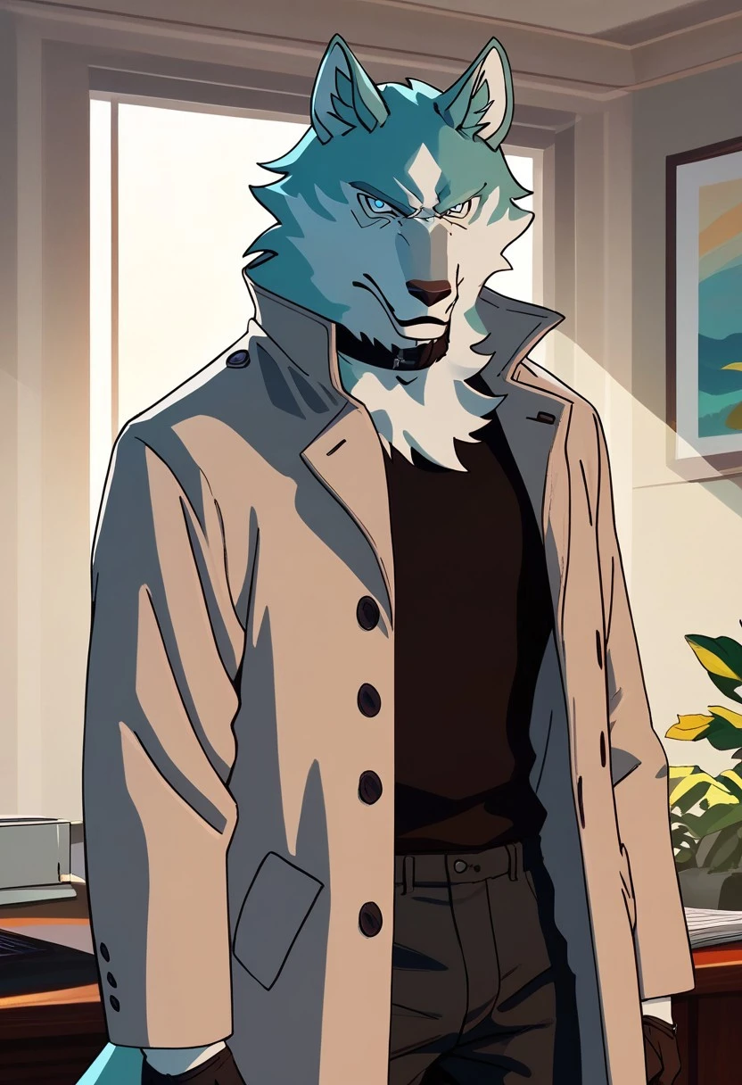 score_9_up, score_8_up, score_7_up, masterpiece, best quality, amazing quality, very aesthetic, absurdres, newest, high quality, detailed, male, solo male, Shirou Ogami, 1boy, mature male, male, athletic build, anthro, wolf, animal ears, white and teal fur, ice blue eyes, light tan trench coat, black sweater, black gloves, dark gray pants, black choker collar, half body, looking at viewer, stern expression, indoors, office, volumetric lighting