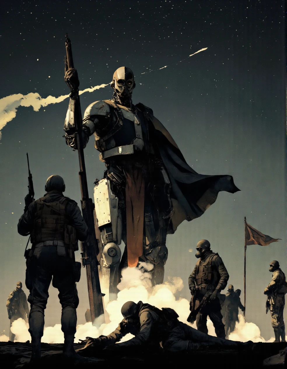 Art by Piotr JabÅoÅski. A digital illustration shoot from a low-angle perspective about a dramatic scene depicting a group of soldiers in a post-apocalyptic setting, with a large, humanoid robot standing tall in the center, holding a large gun and surrounded by smaller soldiers. the scene is set against a dark, starry night sky with a faint, ethereal glow, and the soldiers are silhouetted against the backdrop. the robot appears to be in a state of shock, with its large, metallic body and robotic features standing out against the dark backdrop. on the left side of the image, a soldier is standing, facing the viewer, with his arms outstretched, holding the gun, while on the right side, a few soldiers are standing, holding guns, with one soldier lying on the ground in front of the robot. the soldiers appear to be wearing gas masks, and they are all facing the same direction. in the background, a small flag is flying in the air, adding to the dramatic atmosphere of the scene. the overall mood is tense and action-packed, with the soldiers and the robot in the midst of a battle.