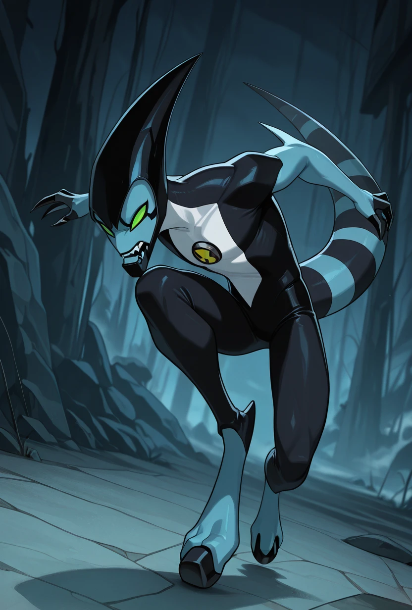 <lora:xlr8-08:1> xlr8, solo, green eyes, blue skin, , stripped tail, 1boy, black mouth, mouth strip, lines from mouth edges, dynamic pose, detailed background, black claws, masterpiece, best quality, amazing quality, very aesthetic, absurdres, newest,